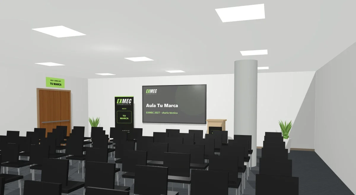 Recreación 3D de una sala de comisiones de Plaza Mayor con pantalla, pendón y aviso con el nombre de tu marca