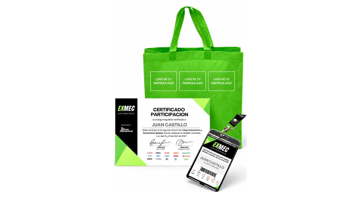 Kit de bienvenida EXMEC: bolsa verde con espacio para el logo de tres patrocinadores, certificado de participación y escarapela