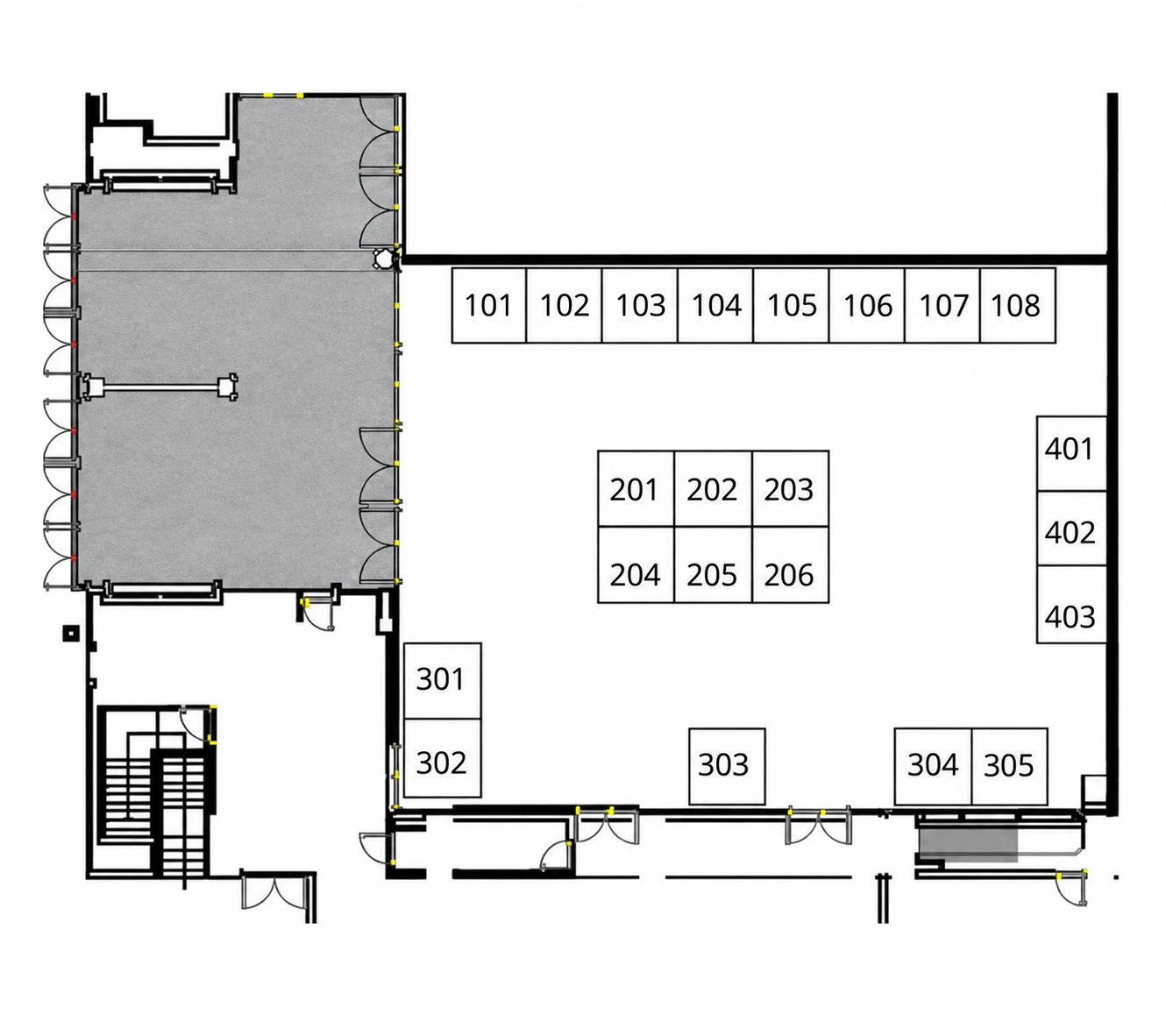 Plano de stands en Plaza Mayor: fila 101 a 108 en el primer pasillo desde el registro, isla central 201 a 206, fila 301 a 305 en el segundo pasillo y fila 401 a 403 en el tercer pasillo