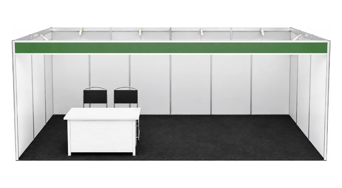 Stand doble de 6 x 3 metros con panelería blanca, cenefa, escritorio y dos sillas